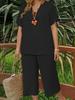 Women's Plus Size Elegant V-Neck Short Sleeve Top and Wide-Leg Pants Set - Solid Colors for Spring, Summer, and Autumn.