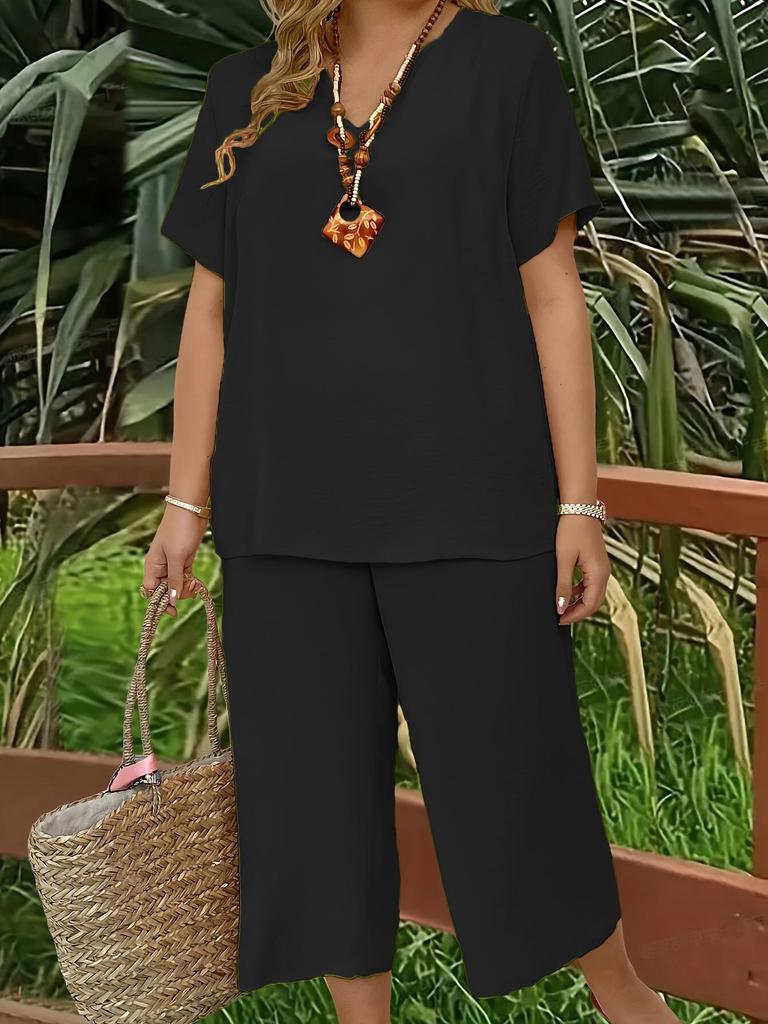 Women's Plus Size Elegant V-Neck Short Sleeve Top and Wide-Leg Pants Set - Solid Colors for Spring, Summer, and Autumn.