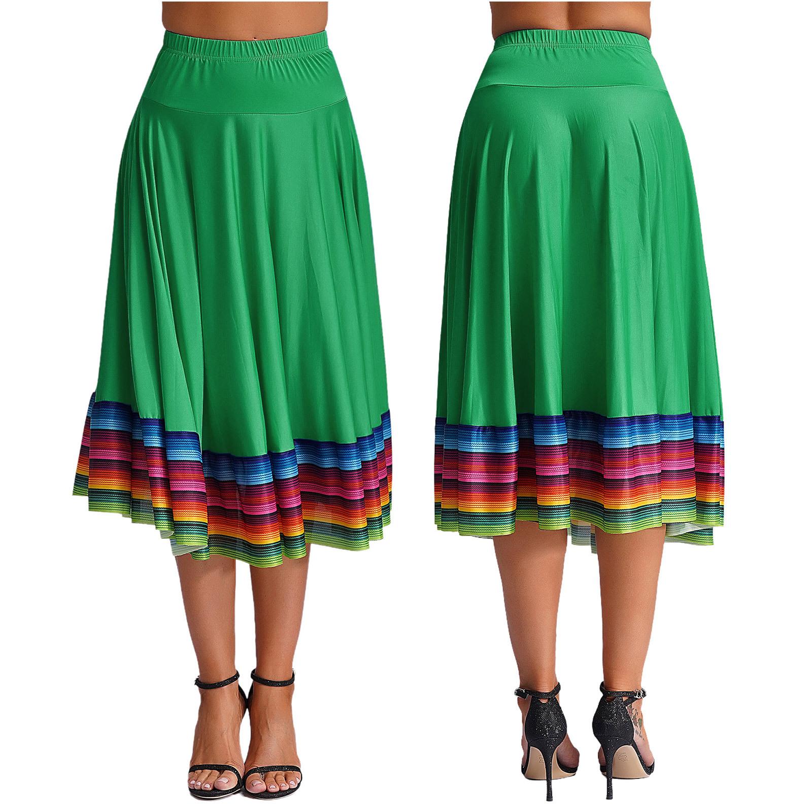 

Womens Colorful Stripe Hem Skirt Elastic Waistband Flamenco Ballroom Dance Folk Dancing Stage Performance Skirt XXL