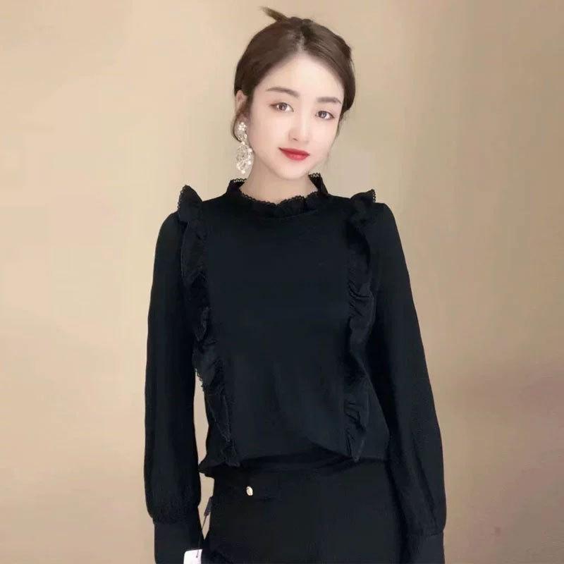 Shopping mall 1116 women's clothing autumn and winter new ruffle edge black round neck pullover long-sleeved shirt 1111171