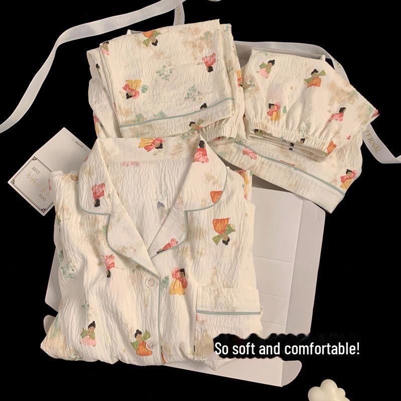 Sommerlicher Pyjama aus Baumwolle mit Blumenmuster: Dreiteiliges Kurzarm-Set im japanischen Stil für Damen – süße Homewear im Stil der Internet-Prominenten.