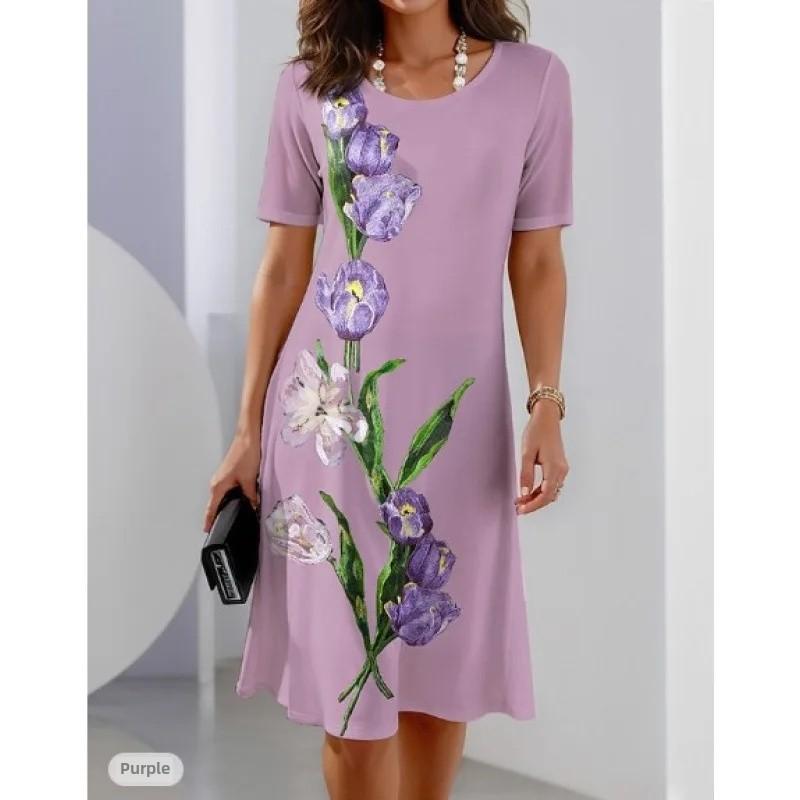 Fashion Casual Floral 3D Digital Printing Round Neck Ladies Dress Plus Size Knee-length Polyester Fiber Made of Loose Waist