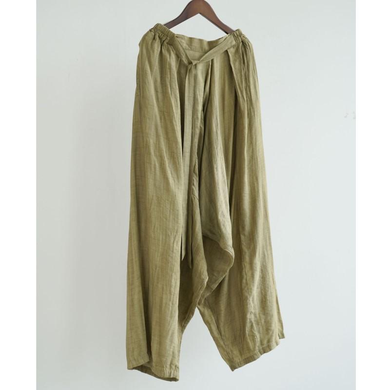 Johnature Women Vintage Pants Elastic Waist Solid Color Belt Trousers Summer Loose Pockets Long Pants