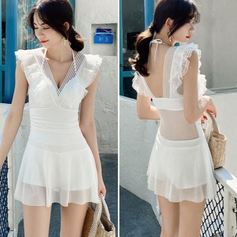 ISLAYCAOLILA Swimdress with Sheer Lace and Flared Padded and DP8 Fleur Women's One-Piece Swimsuit, V-Neck, See-Through Skirt, Wired, (L, Black)