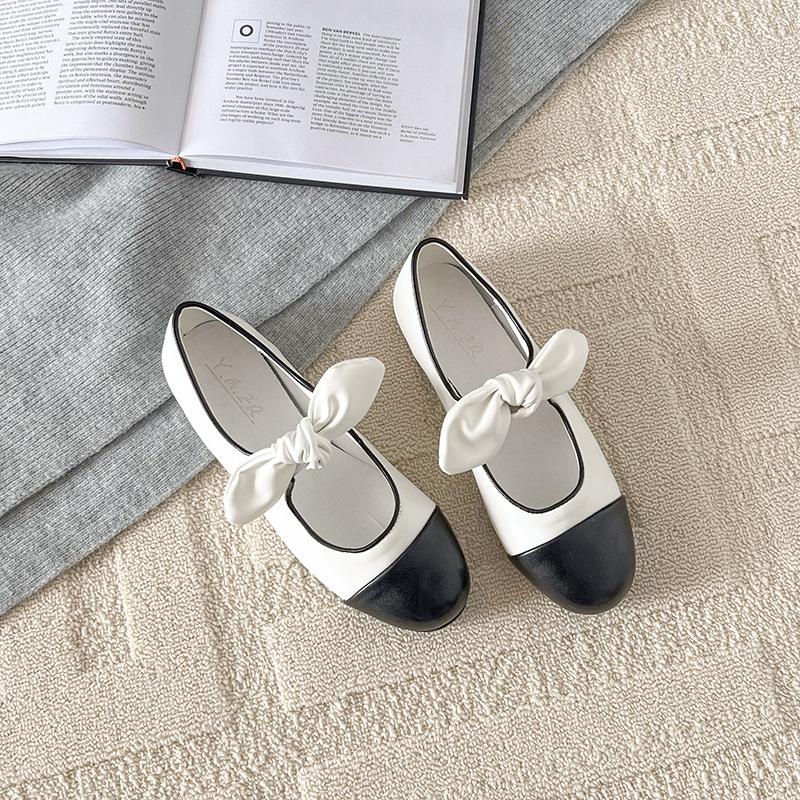 Evening wind Mary Jane shoes women's spring new retro fashion color matching light mouth bow flat shoes