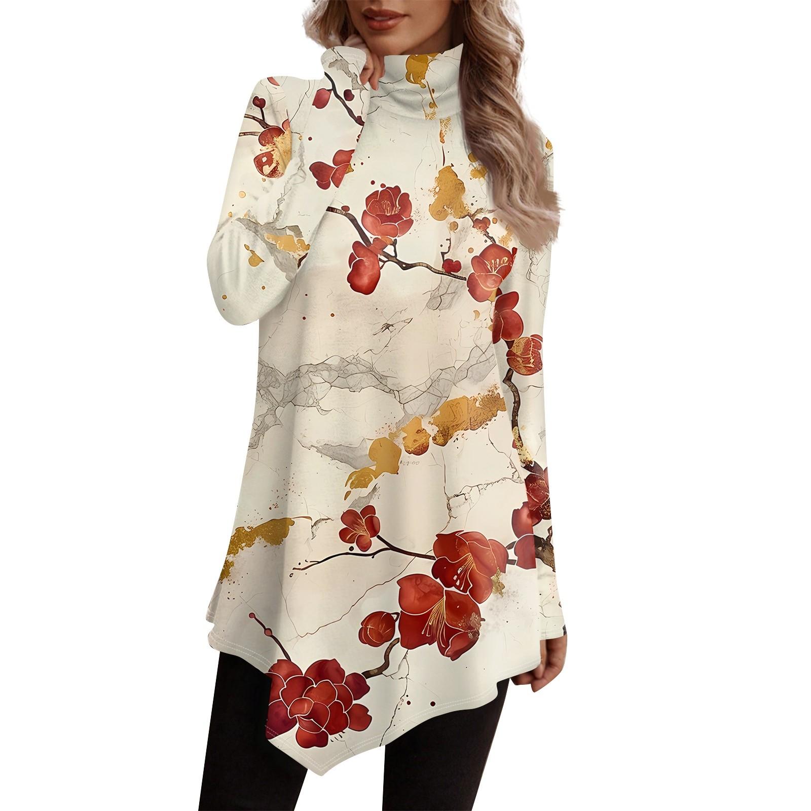 

Повседневная модная рубашка с принтом, топы с высоким воротом и нерегулярным подолом, пуловеры с длинными рукавами XL красный