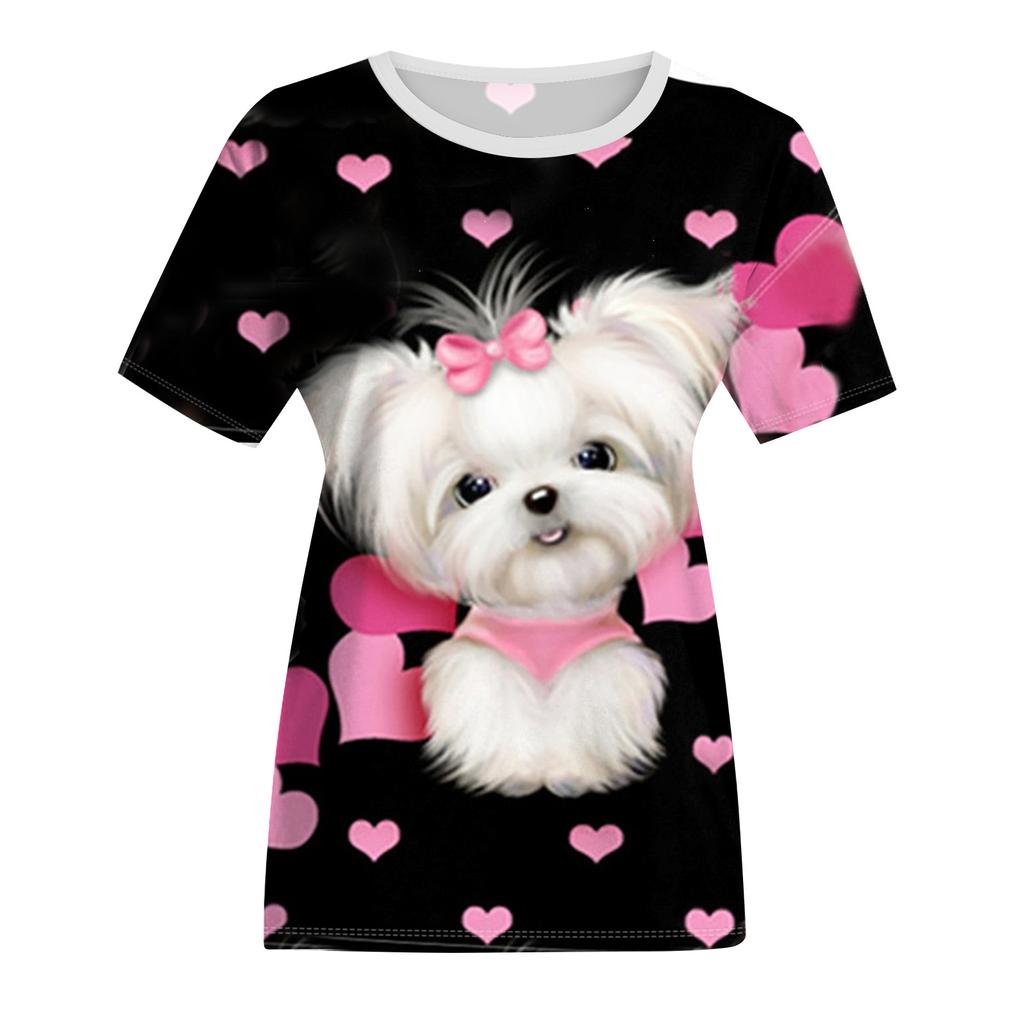 Women's Fashion Casual Digital Print With Simulation Cat And Dog Short-sleeved T-shirt Top