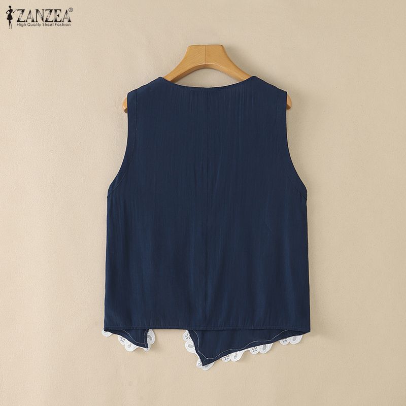 ZANZEA Women Casual Round Neck Lace Splice Sleeveless Tank Tops