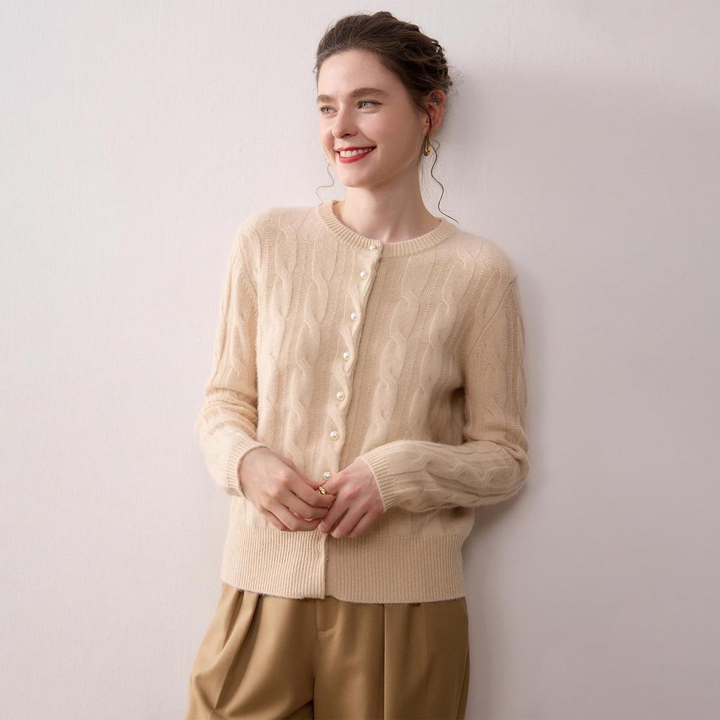 Women's Cashmere Cable Knit Cardigan: Soft, Thick, Round Neck, Single-Breasted, Solid Color - Perfect for Autumn and Winter.