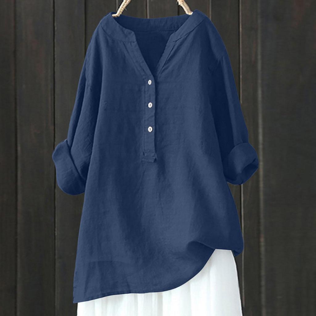 European American Loose Solid Color Stand Collar Button Long Sleeve Cotton Linen Top