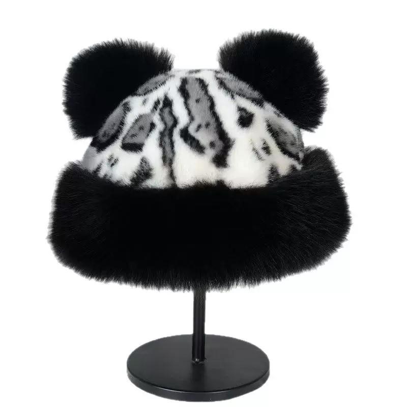 Retro leopard print plush bucket hat Mongolian hat women's autumn and winter new ears thickened warm ear protection imitation water
