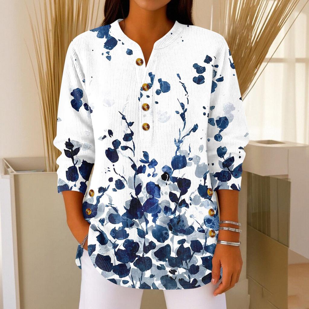 Damen Modisches Knopfkragen Langarm Weihnachtsdruck Pullover Top