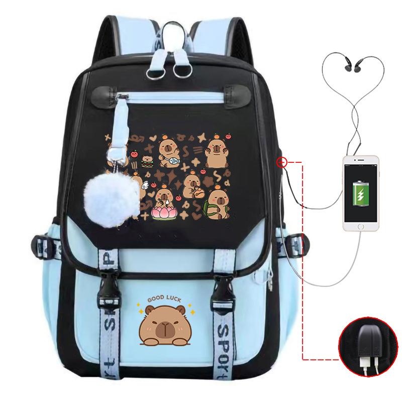 Fashion Trend Kapibara Leisure Burden Reduction Travel Bag Multifunctional Large Capacity USB Student School Bag