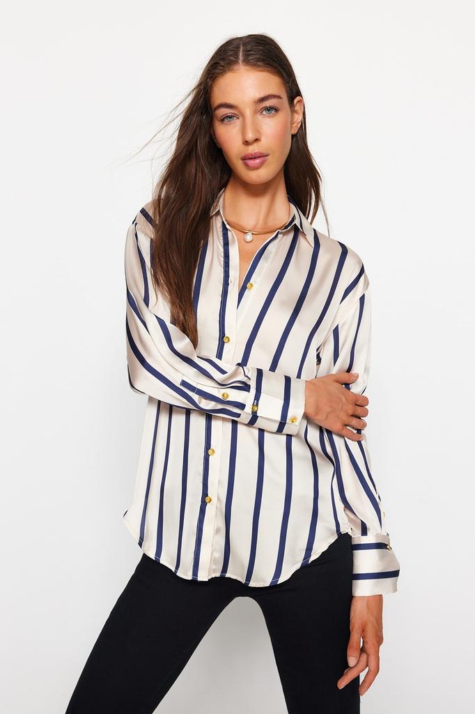 Women's Fashion New Shirt Ecru Striped Satin Woven Shirt