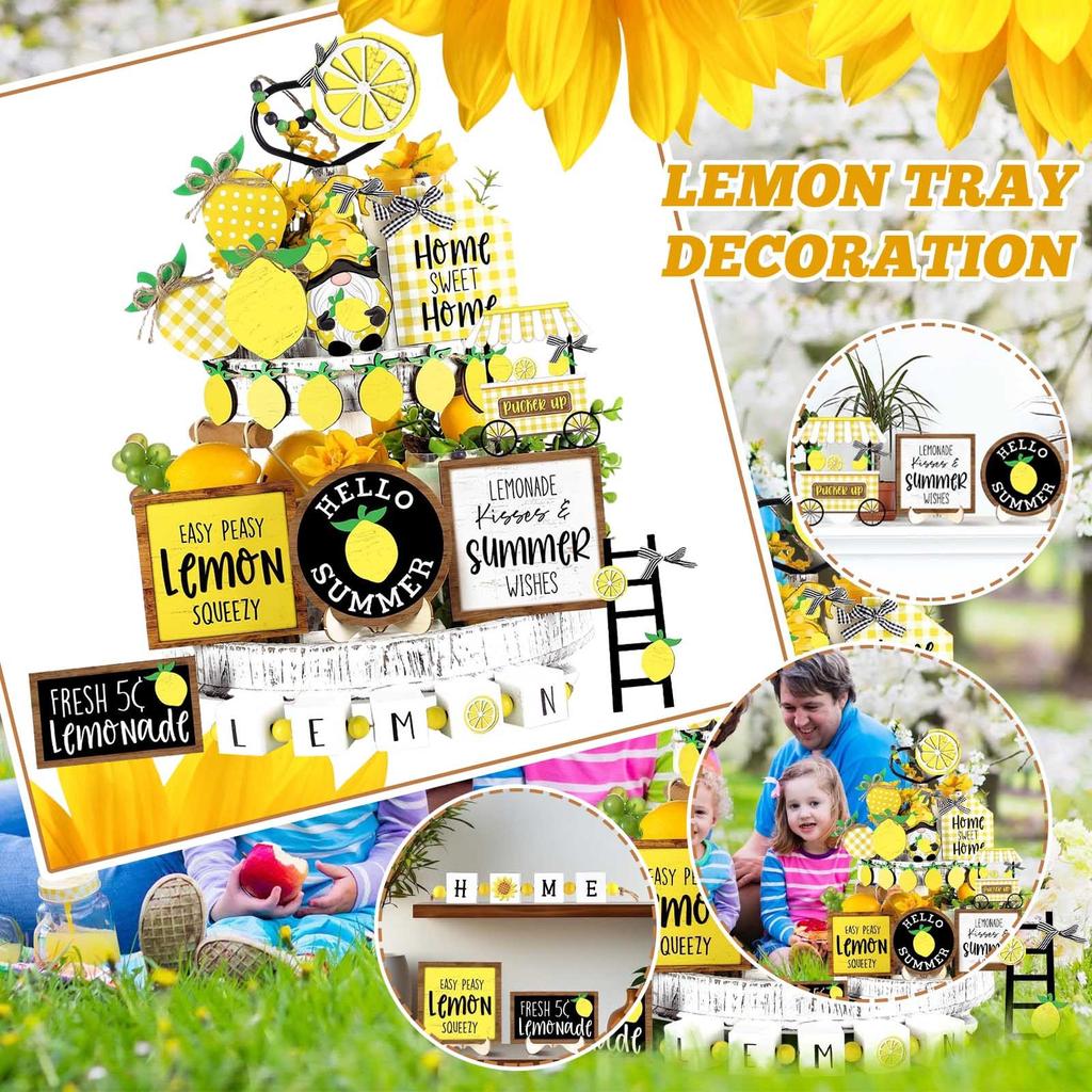 Summer Lemon Tiered Tray Decor Set Wood Sign Rustic Summer Home Table Decor