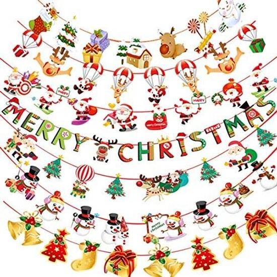 Christmas Decoration 7 Types Set Garland Cute Socks Tree Hanging Flag Banner Merry Paper Santa Claus Garden Long Colorful Izakaya Ceiling Wall Sign