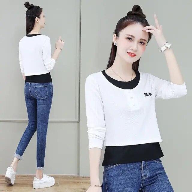 

Женская новая модная футболка из двух предметов с длинными рукавами, короткий тонкий весенне-осенний топ с круглым воротником XXXL белый