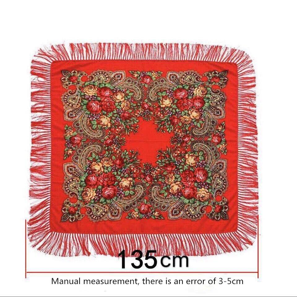 Women Russian Style Big Square Scarf Shawl Retro Fringed Cotton Print Scarves Hijab Wraps Ethnic Shawls Bandana