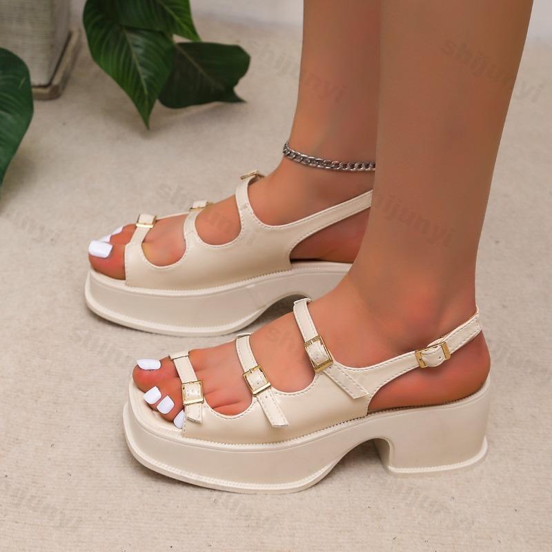 Fashion Women's Sandals 2025 New Summer Platform Fashion High Heel Sandals Outdoor Beach Shoes Square Toe Buckle Strap Women’s Shoes