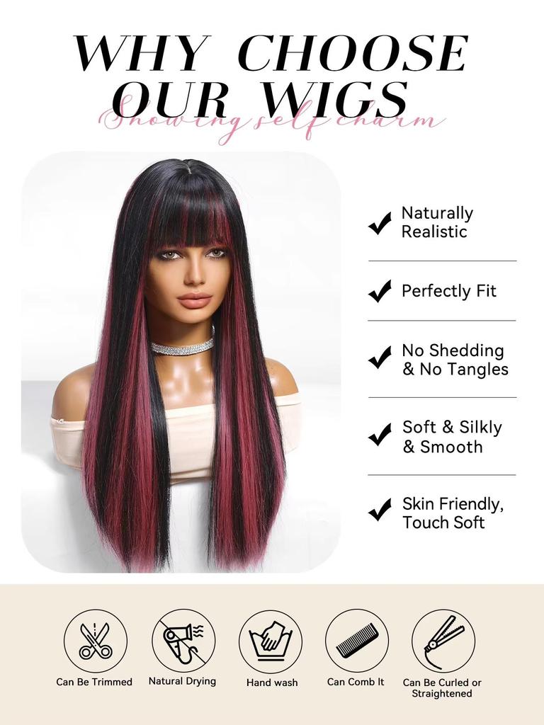 ALAN  EATON Brown Black Highlight Watermelon Red Synthetic Wig Long Straight Multicolor WIg with Bangs Hollywood Cosplay Wig For Women Party