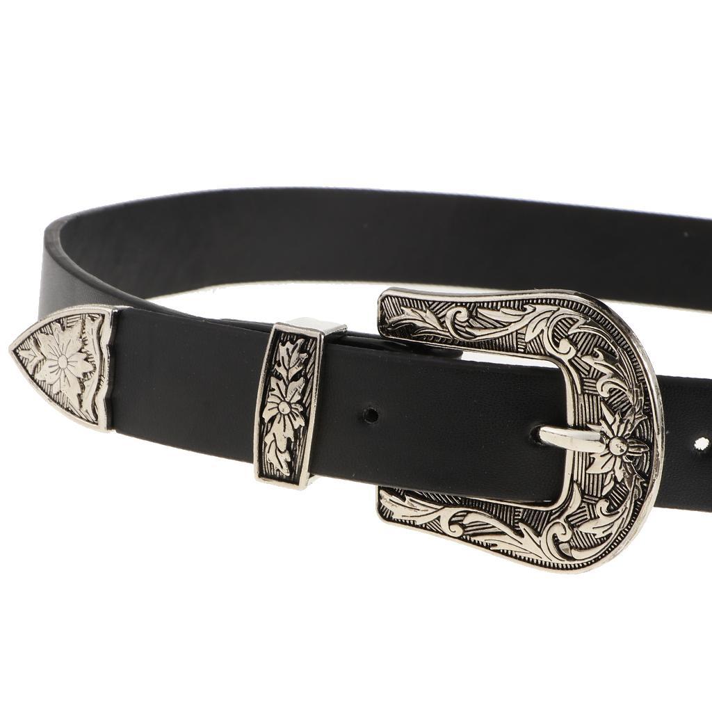 Faux Leather Belt with Double Floral Embossed Buckle Vintaje Women's Silver, As Described