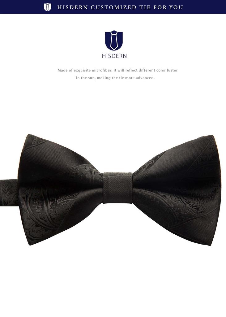 [HISDERN] Black Bow Tie for Men, Wedding, Adult, One-Touch Pocket Square Set, Paisley Floral Pattern, Stylish Bow Tie, Silk, Business, Formal, Brand,