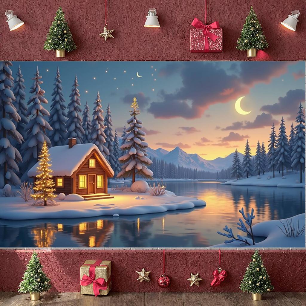 Christmas Party Banner Cloudy Sky Christmas Tree Banner Holiday Banner Moon Stars Pattern For Home Party New Year Decoration
