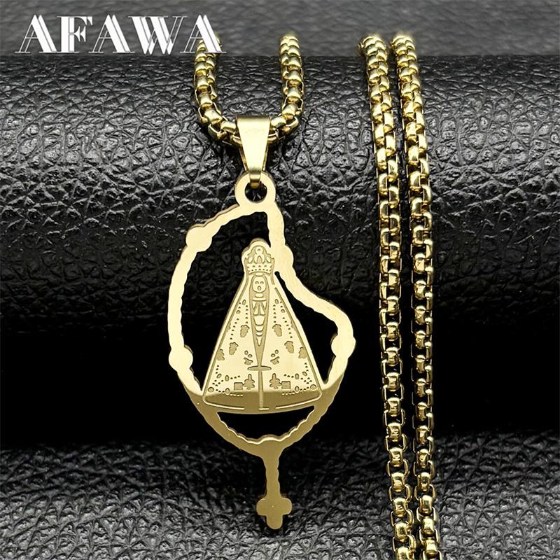 Brazilian Our Lady Of Aparecida Necklace for Men Women Stainless Steel Gold Color Virgin Mary Cross Chain Jewelry Colar