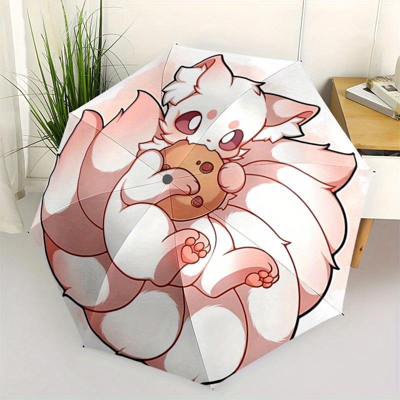 

1pc Winning Cute Nine Tailed Fox Cartoon Design Automatic 3-Fold Umbrella Design, Cute Cartoon Pattern, Portable Outdoor Umbrella, Perfect, Holid
