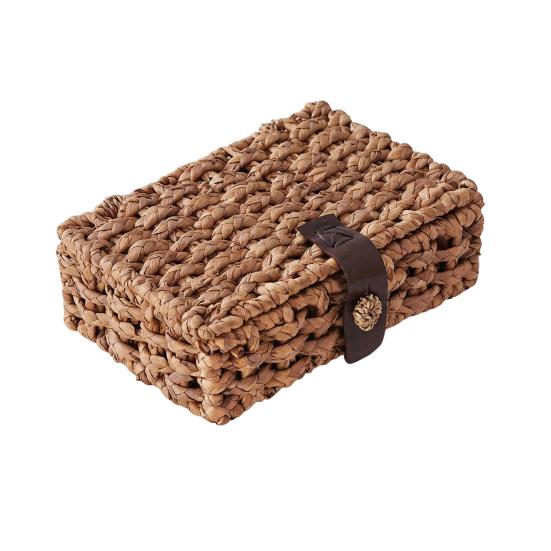 

Storage Box Handwoven Wicker Basket with Leather Strap Closure Storage Organizer for Coffee Table Bookshelf Small