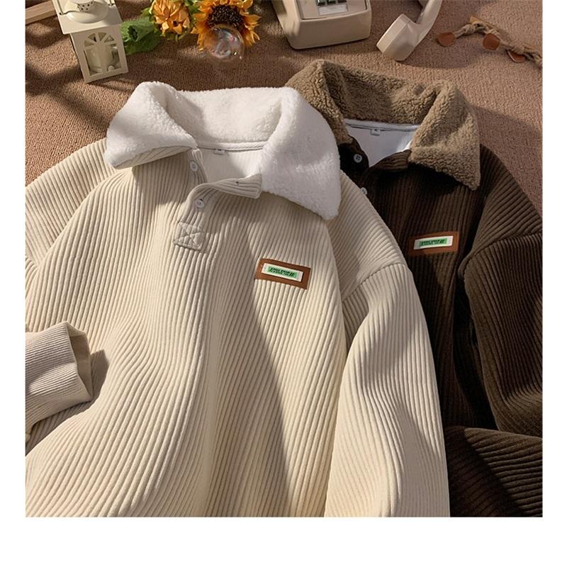 Felpa Uomo in Velluto a Coste con Collo a Polo Vestibilità Larga Manica Lunga Top Casual