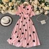 Moda Polka Dot Baskılı Kadın Elbise Yaz Zarif Vintage Bandaj İnce Bel Büyük Salıncak Uzun Parti Elbisesi