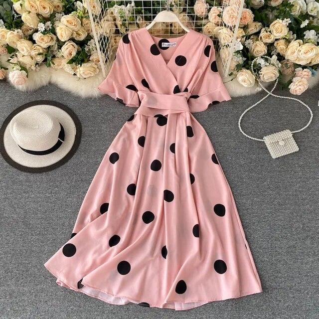 Moda Polka Dot Baskılı Kadın Elbise Yaz Zarif Vintage Bandaj İnce Bel Büyük Salıncak Uzun Parti Elbisesi