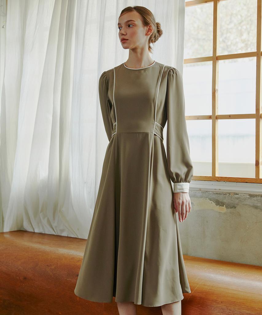Etmont Combination Color Piping Dress Khaki Brown