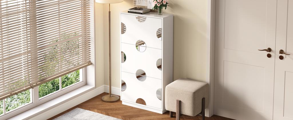 Modern and unique white shoe cabinet, shoe cabinet with 3 flaps, round mirror, large storage space, suitable for entryway/foyer