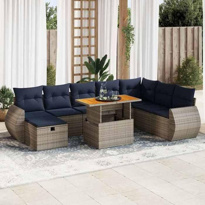 VidaXL Garden Lounge Set with Cushions 9 Pcs Grey Braided Resin Acacia 3328076