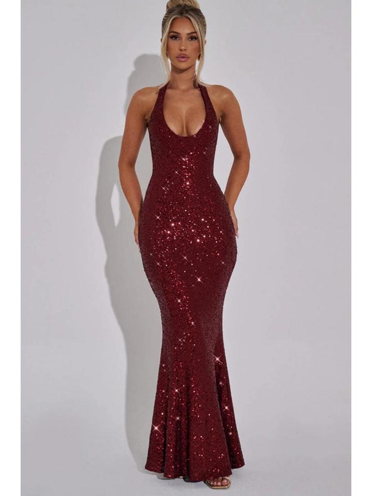 2024 Γυναικείο Αμάνικο Bodycon Φόρεμα Halter με Σχέδιο που Σφίγγει τη Μέση - Σέξι Μονόχρωμο για Φθινόπωρο/Χειμώνα