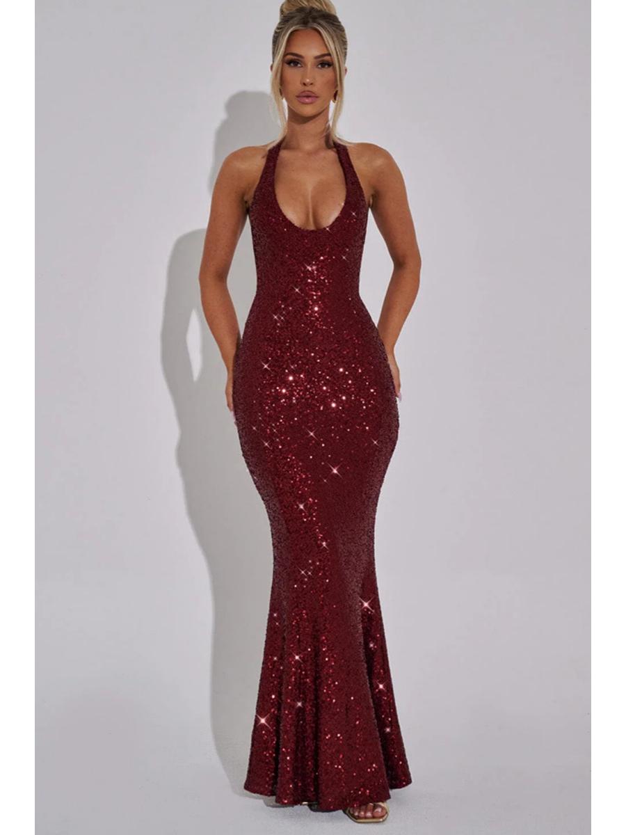 

Женское облегающее платье халтер без рукавов 2024 с дизайном, подчеркивающим талию - Сексуальное однотонное для осени/зимы S вино красного