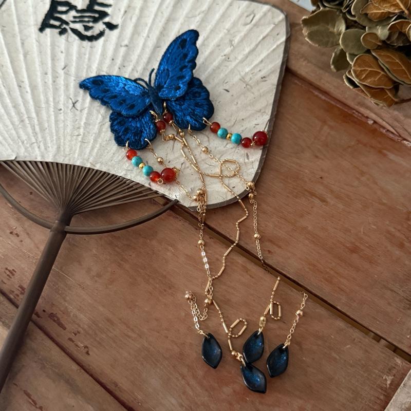 Chinese Style Embroidered Blue Butterfly Hairpin Pearl Tassel Hair Accessory Hanfu Hairpin Headwear Decoration