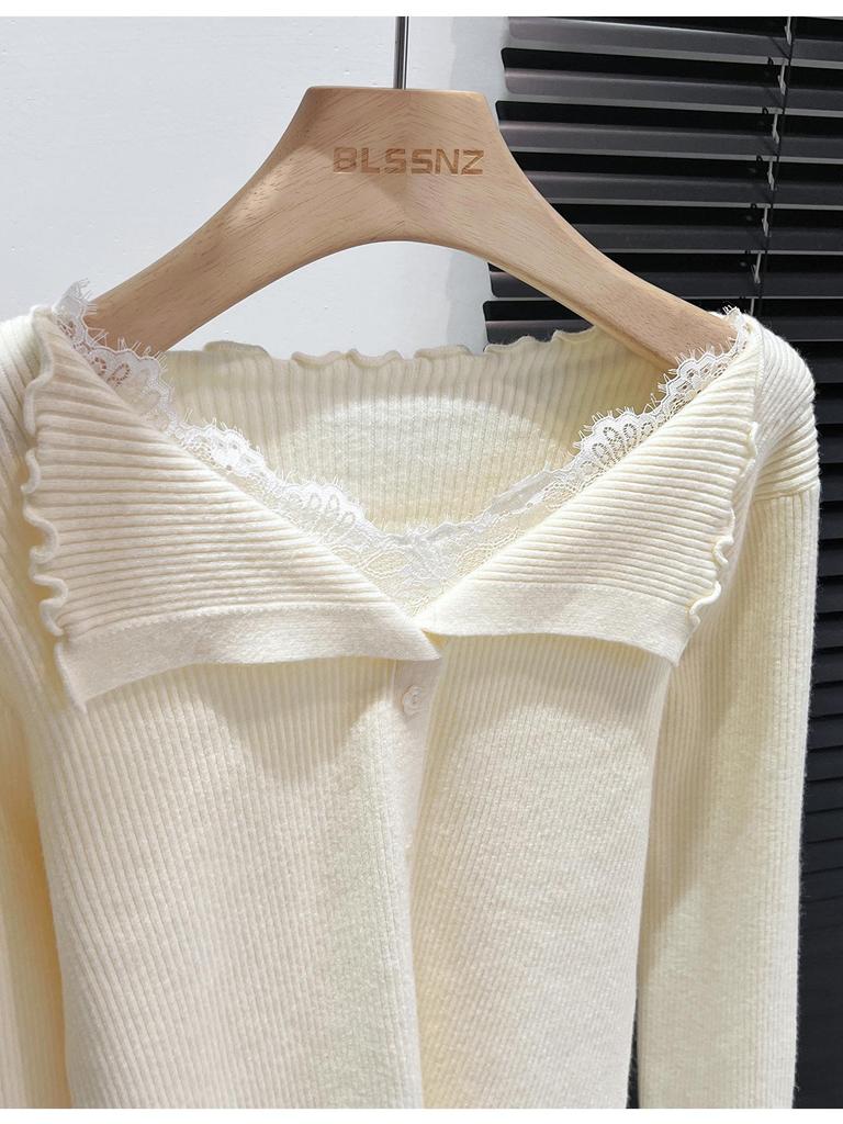 Women’s High-End Ruffle Lace V-Neck Knit Cardigan Sweater