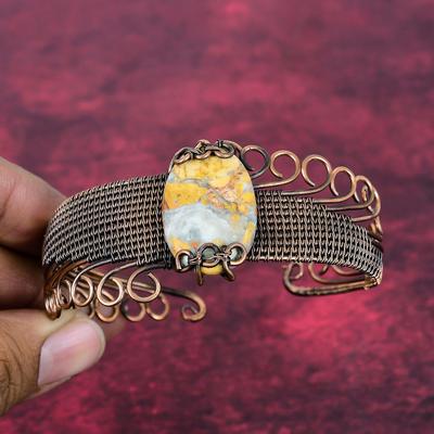 Maligano Jasper Gemstone Bangle Copper Wire Wrapped Adjustable Cuff Bracelet
