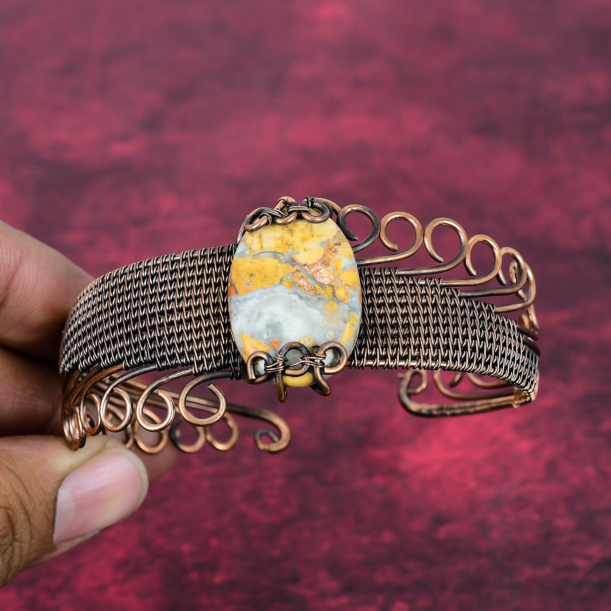 Браслет-манжета из малахитового яшмы, обмотанный медной проволокой, регулируемый Adjustable