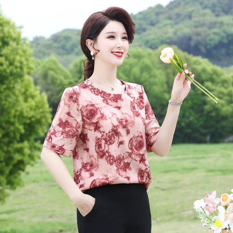 2026 New Style Printed Short Sleeve Fashion Shirt: Stylish, Loose, Breathable Round Neck Top for Middle-Aged Women