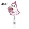 Decorative Badge Holder for Nurses Halloween Ghost Reel, Glitter Acrylic Retractable Clip, Cute Pink Transparent Clip ID Name Women Nurse Teacher