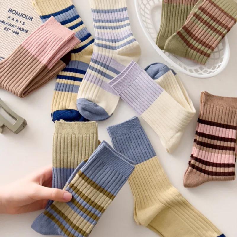 Korean Style Vintage Long Socks Multicolor Striped School Girls Skateboard Sports Socks High Quality Cotton Knitting Women Socks