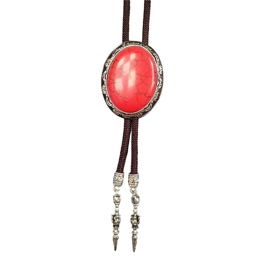 Western Vintage Braided Rope Bolo Tie with Oval Shape Stone Pendant Adjustable Cord Necktie Jewelry Necklace for Men