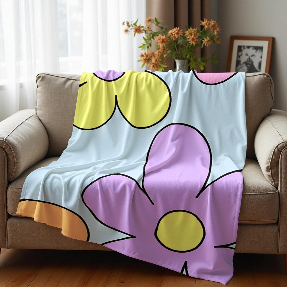Pale Blue Big Outline Pastel Floral Cartoon Anime Print Flannel Blanket Soft Warm Throw for Kids Bedroom Sofa Christmas Office