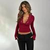 Casual Blouse for Women, Hot Sale V-neck Basic Top, Sexy Slim Fit Long Sleeve Lace Patchwork