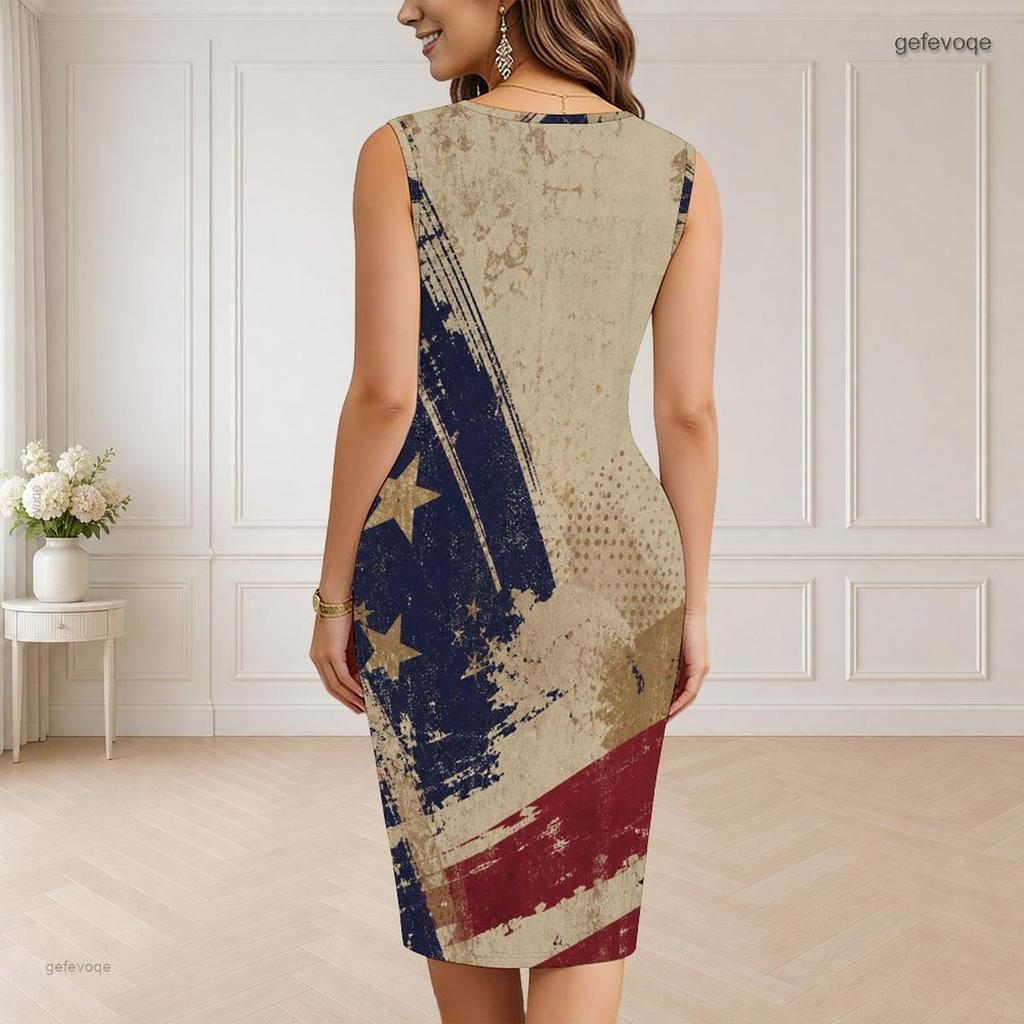 Women Plus Size V Neck Sleeveless American Flag Printed Bodycon Midi Dress