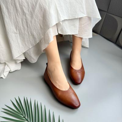 New Leather Single Shoes Women's Pointed Head Flat Bottom Shallow Mouth One Pedal Women's Shoes First Layer Cowhide Lazy Shoes